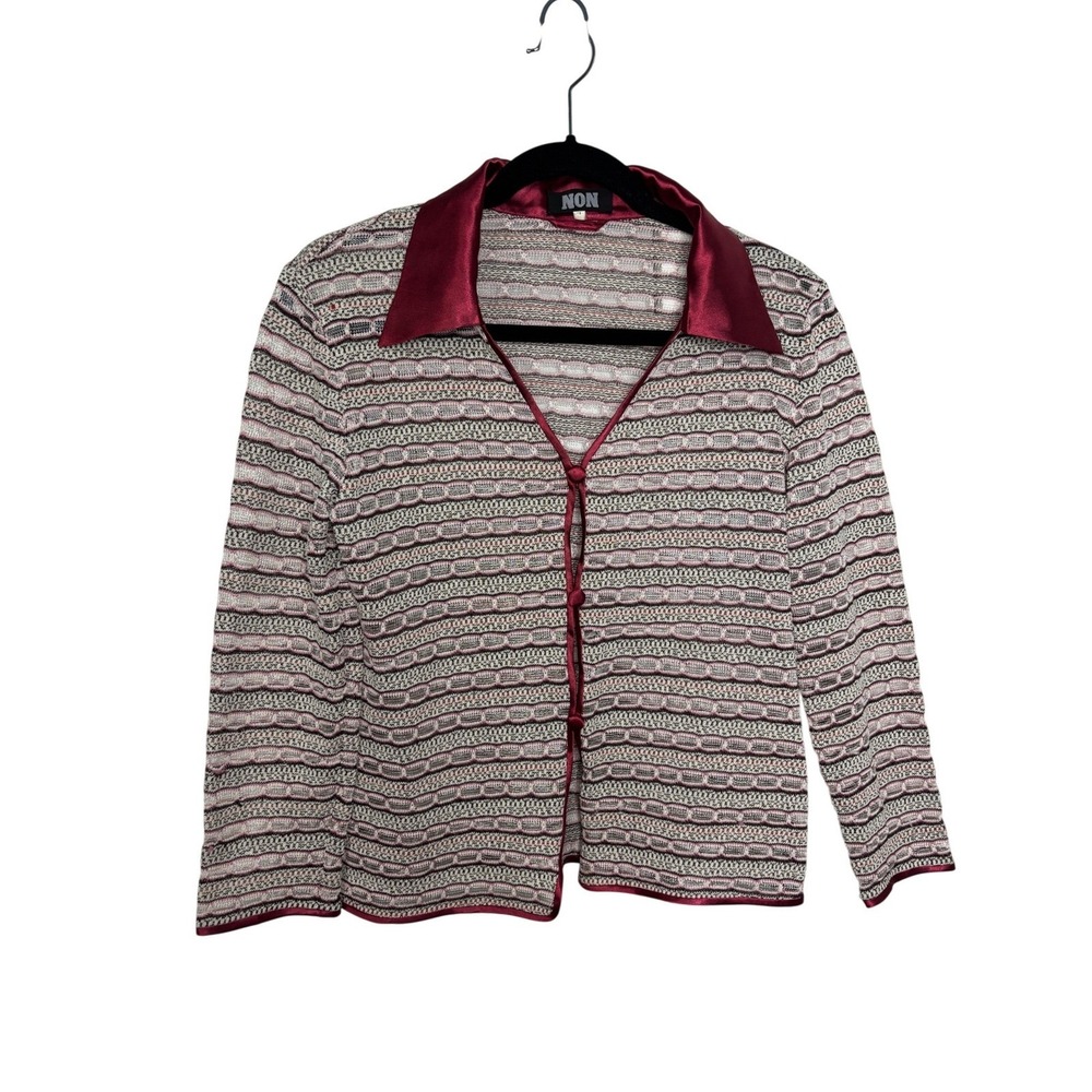 Y2K Non Burgundy Satin Collar Textured Knit Button Front Cardigan Sz M